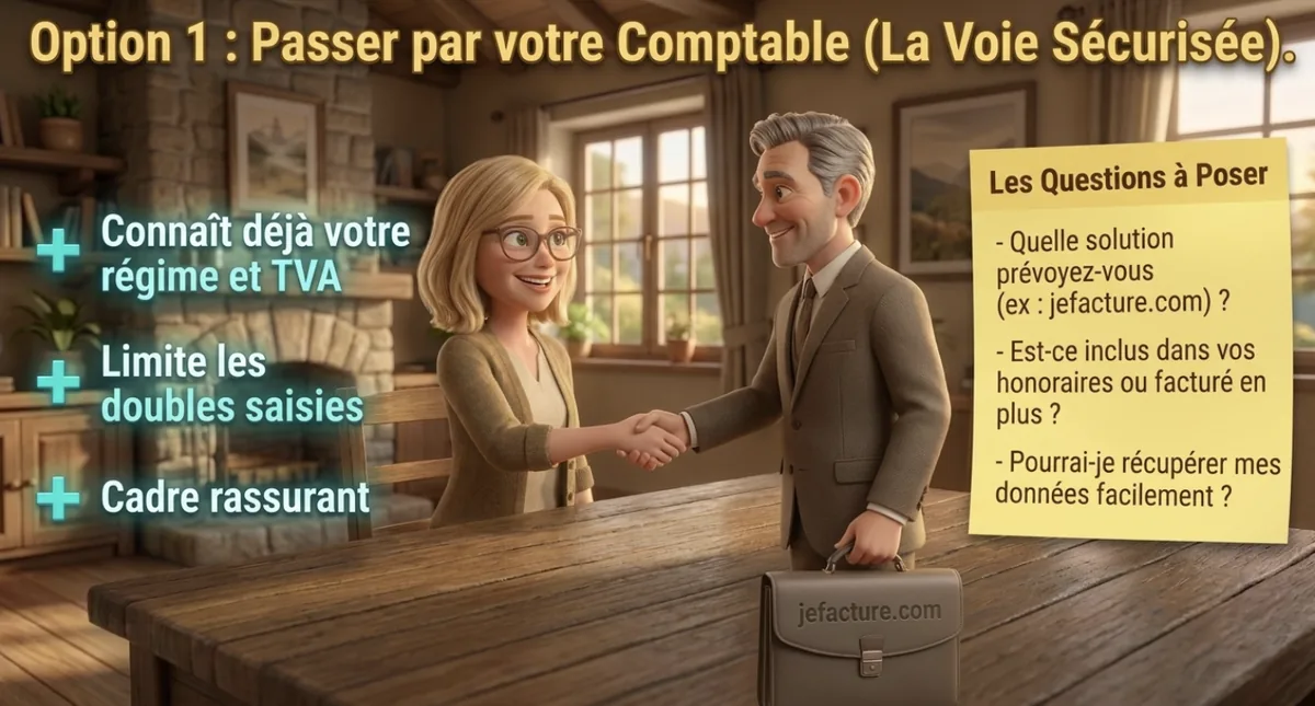 propriétaire de gîte qui échange avec son comptable sur la facture électronique